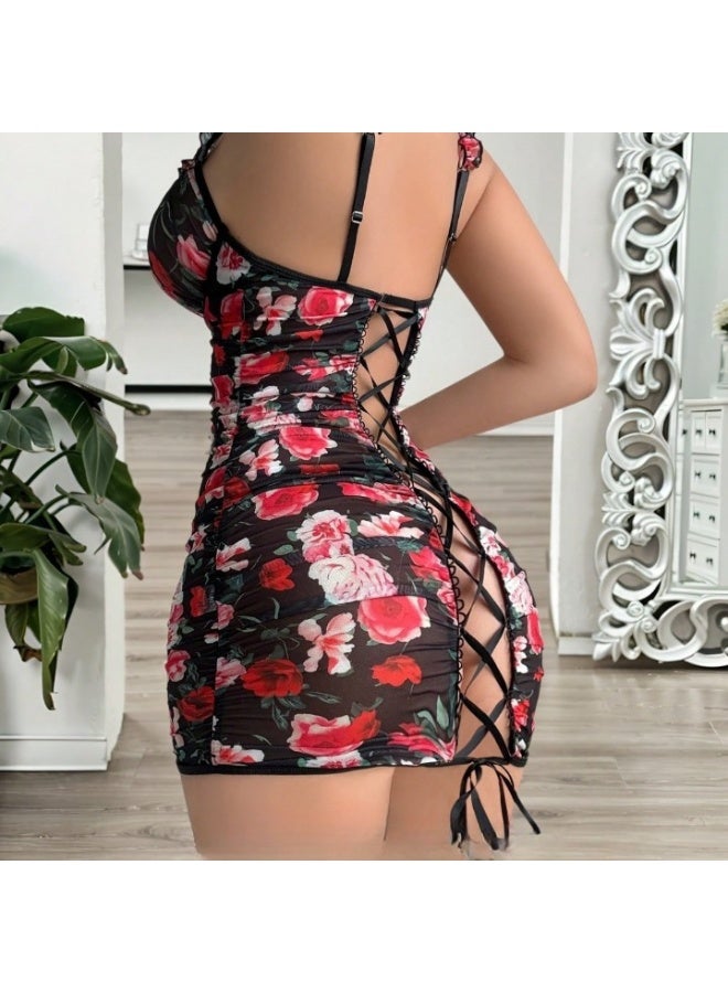 Short nightgown - Women's soft tulle babydoll with a floral print - Sexy lingerie with an open back and crisscross straps - Black floral - Image 3